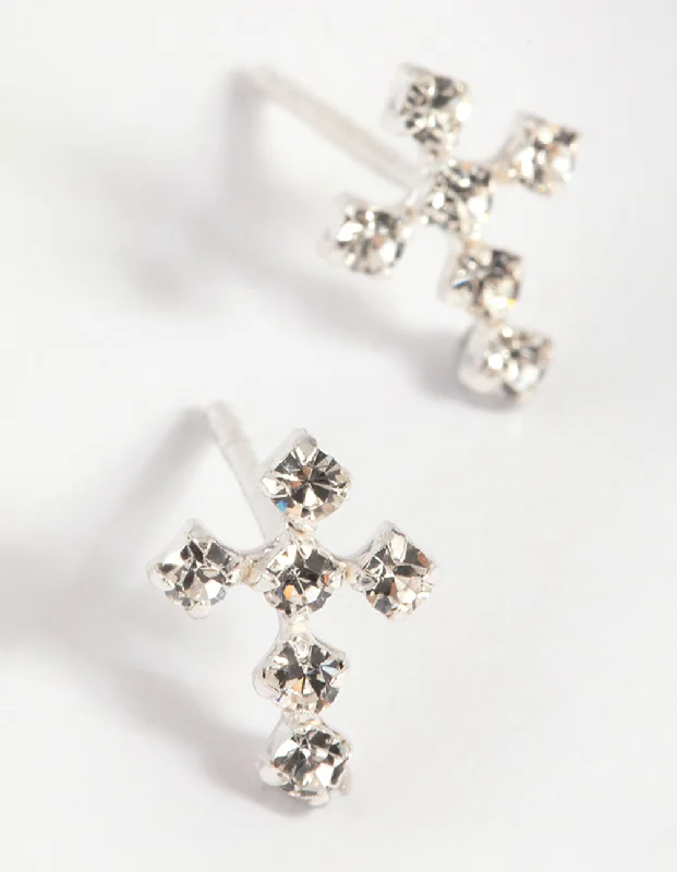 Swarovski Crystal Earrings-Sterling Silver Cubic Zirconia Cross Stud Earrings