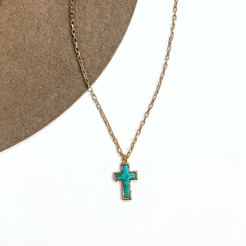 Elegant Multi-Chain Necklace-Highlight The Good Gold Tone Chain Necklace with Cross Pendant in Turquoise