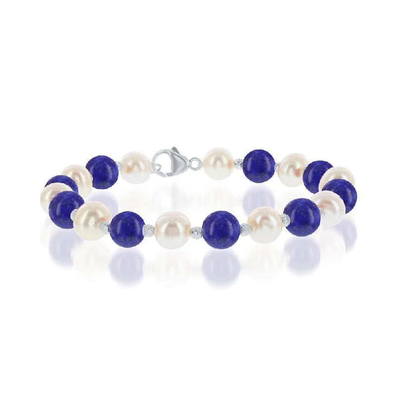 Stylish Leather Bangle-Sterling Silver FWP and Blue Lapis Alternating Bracelet, 7.5"