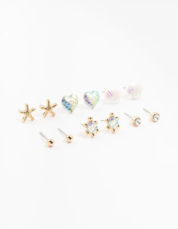 Geometric Shape Earrings-Kids Gold Sea Theme Stud Earrings 6-Pack