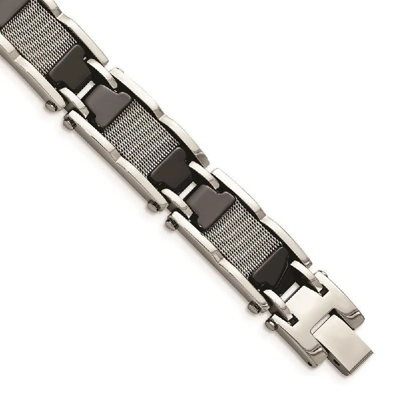 Silver Link Chain Bracelet-Stainless Steel/Ceramic Black Polished Mesh Bracelet