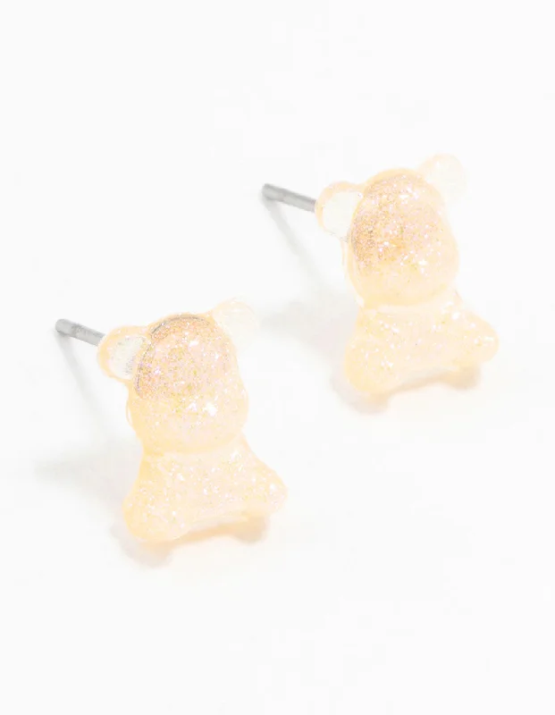 Chunky Gold Earrings-Plastic Holographic Teddybear Stud Earrings