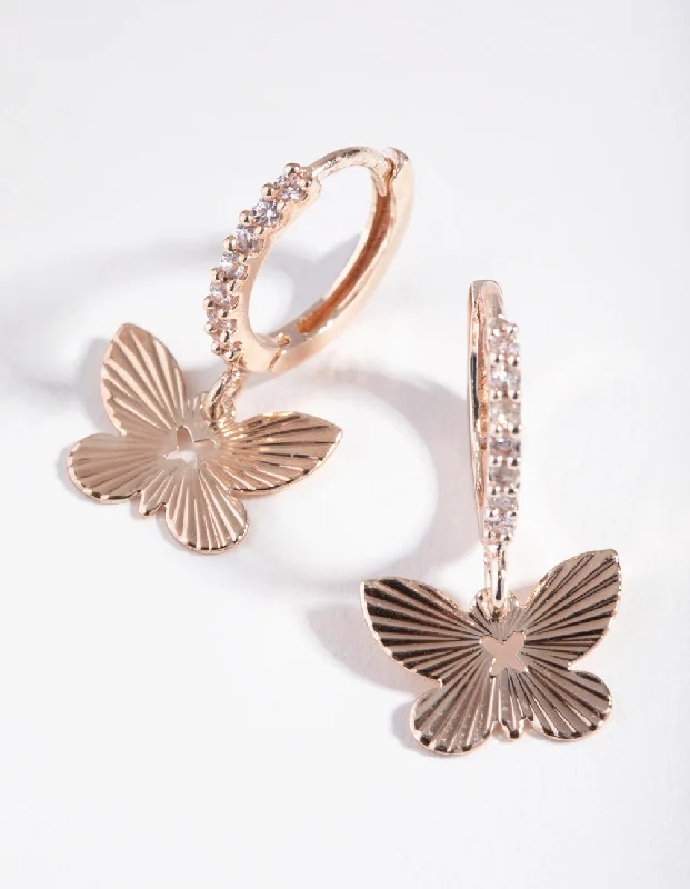 Sassy Ear Climbers-Rose Gold Textured Butterfly Diamante Earrings