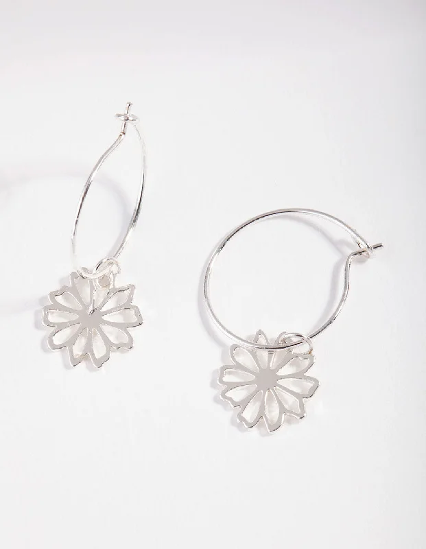 Birthday Gift Earrings-Silver Dainty Flower Hoop Earrings