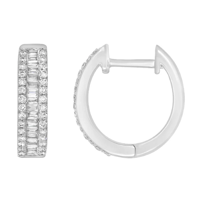 Crystal Dangle Earrings-LADIES HOOP EARRINGS 0.75CT ROUND/BAGUETTE DIAMOND 14K WHITE GOLD