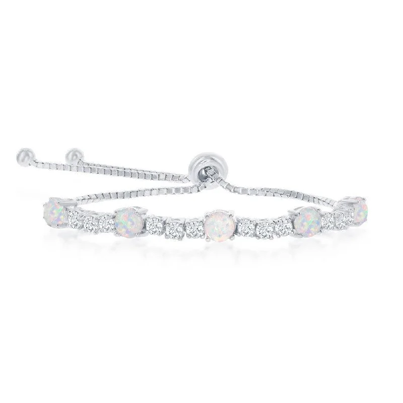 Customizable Gemstone Cuff-Sterling Silver 4-Prong CZ & White Opal Adjustable Bolo Bracelet