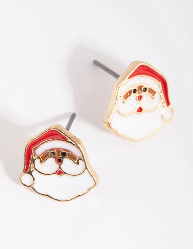 Stud Earrings for Women-Gold Enamel Santa Stud Earrings