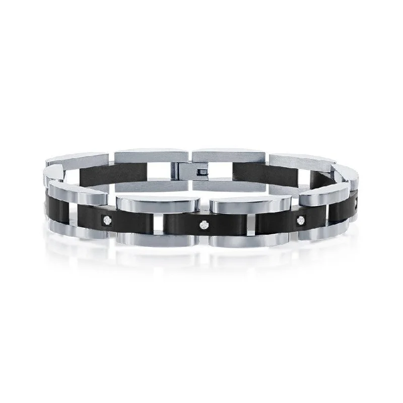 Gemstone Bracelet-Stainless Steel Black with 5 CZ's Link Bracelet, 8.5"