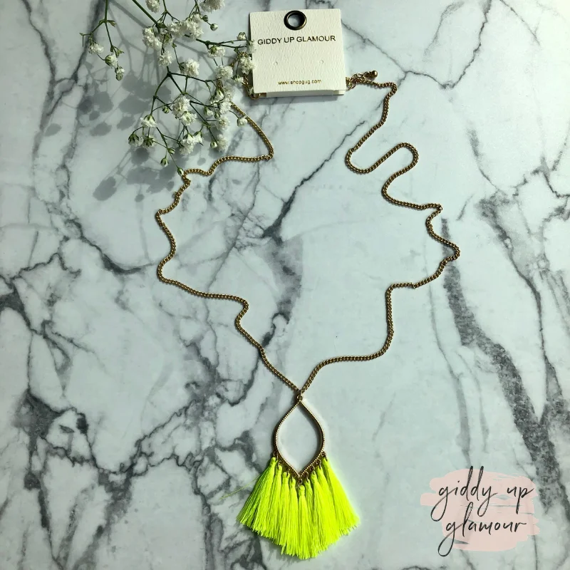 Custom Gold Heart Necklace-Gold Chain Lantern Outline Necklace with Fringe Tassels in Neon Yellow