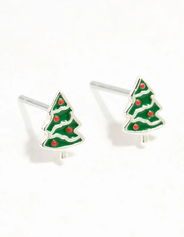 Gold Stud Earrings-Green Enamel Sterling Silver Christmas Tree Stud Earrings