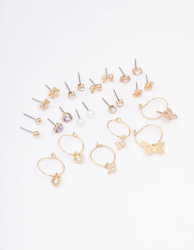 Elegant Chandelier Earrings-Gold Stone Bow & Floral Earring 12-Pack