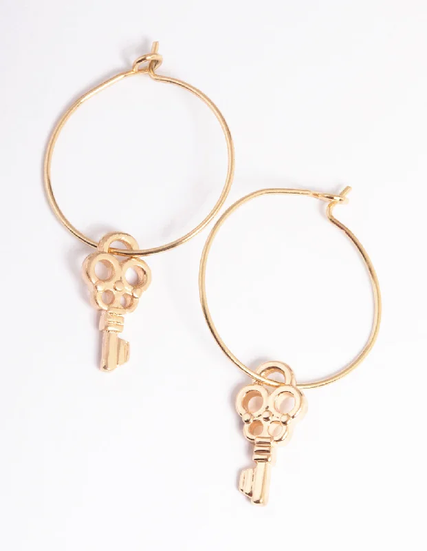 Custom Earrings for Gift-Gold Cut Out Key Hoop Earrings