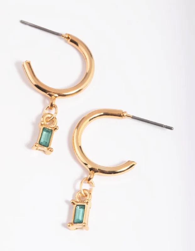 Wedding Earrings-Green Baguette Stone Huggie Hoop Earrings