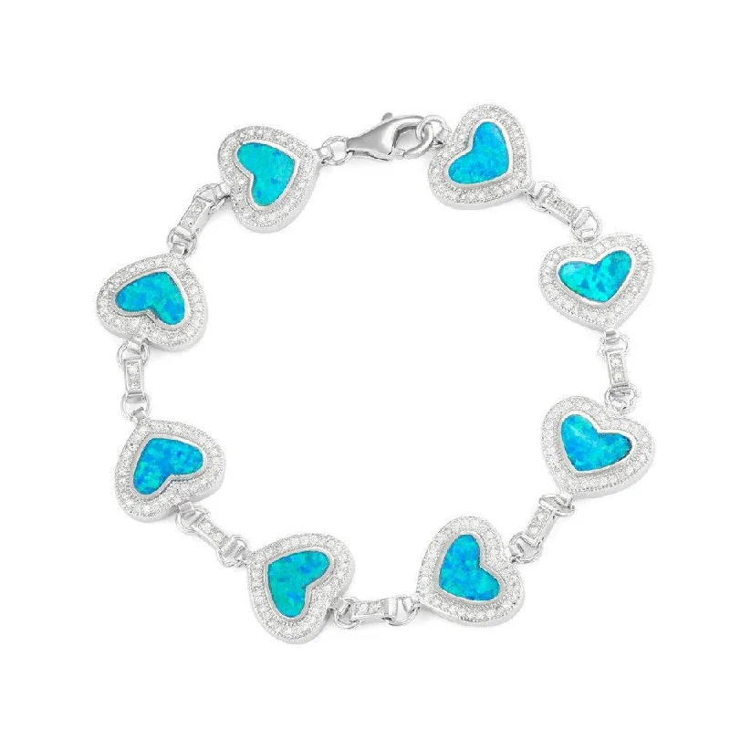 Colorful Stretch Bead Bracelet-Sterling Silver Heart Blue Opal with Micro Pave CZ Bracelet