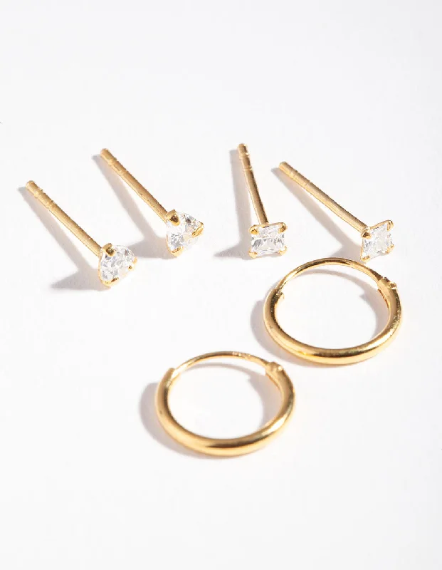 Bold Gold Earrings-Gold Plated Sterling Silver Cubic Zirconia Stud Hoop Earring Pack