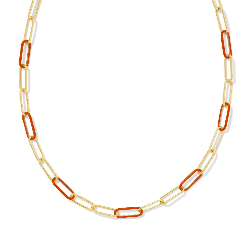 Gold-Plated Necklace-Kendra Scott | Ainsley Gold Convertible Chain Necklace in Orange Enamel