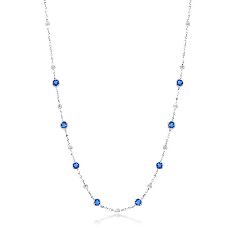 Layered Crystal Necklace-SS Bezel-Set Blue CZ & Bead Station Necklace