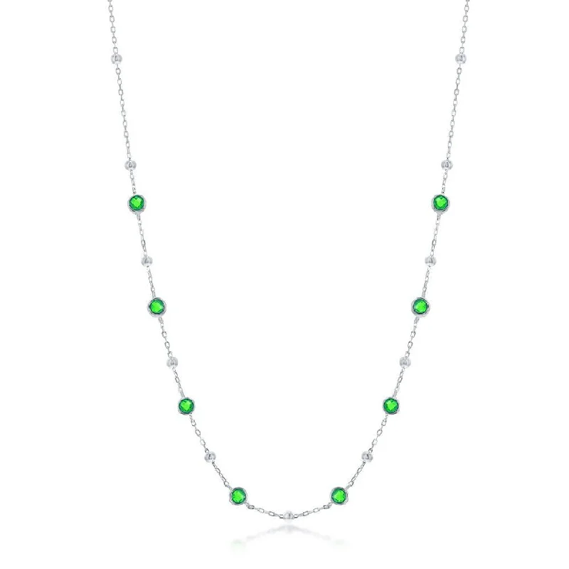 Classic Chain Necklace-SS 5mm Bezel-Set Green CZ & 3mm Bead Station Necklace