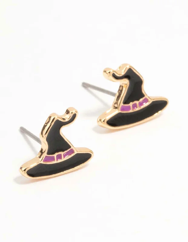 Classic Silver Earrings-Black Witch Hat Stud Gold Earrings