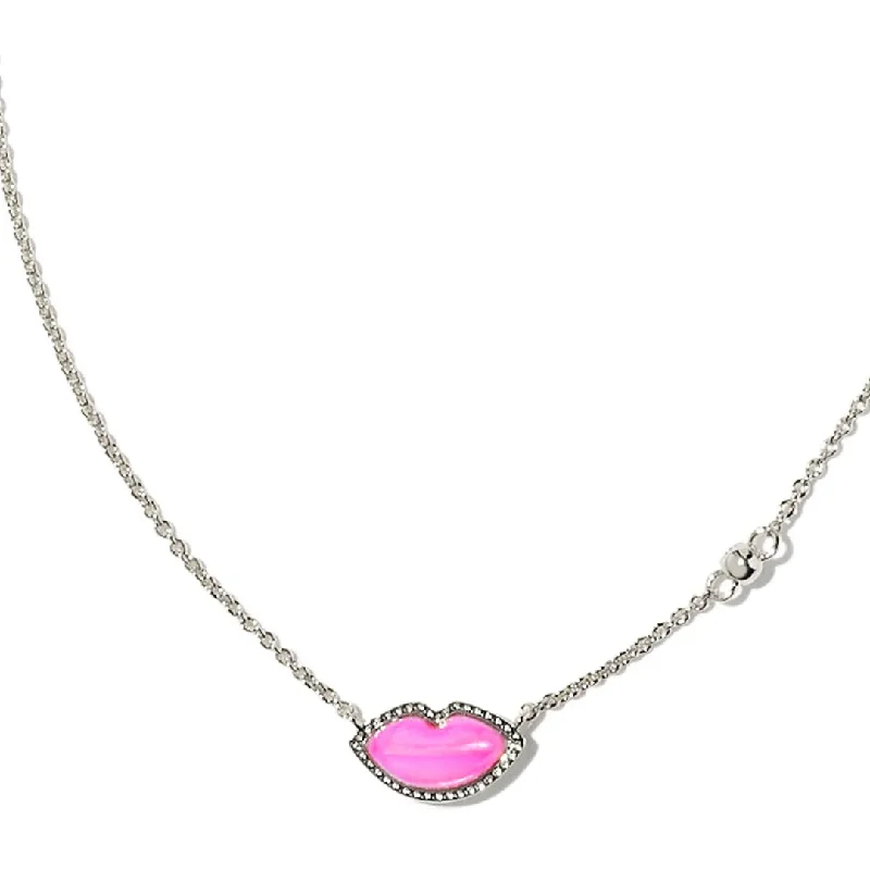 Custom Engraved Necklace-Kendra Scott | Lips Silver Pendant Necklace in Hot Pink Mother-of-Pearl