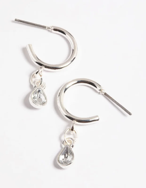 Artistic Earrings-Silver Stone Drop Huggie Earrings