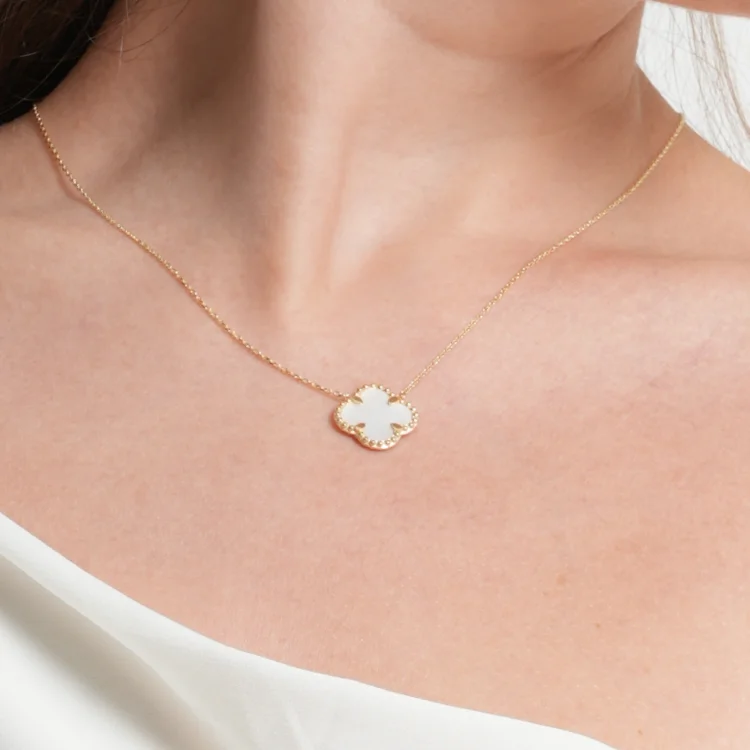 Classic Chain Necklace-Real Gold Large Pearl White Clover Necklace GZJVN1808 N1471