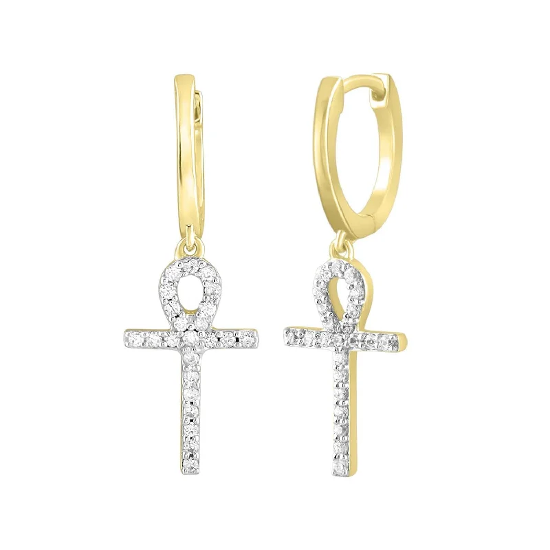 Triangular Earrings-MEN'S HOOP EARRINGS 0.25CT ROUND DIAMOND 10K YELLOW GOLD