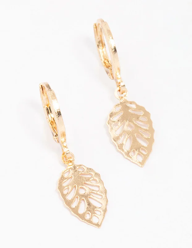 Cute Flower Earrings-Gold Cut-Out Leaf Huggie Hoop Earrings