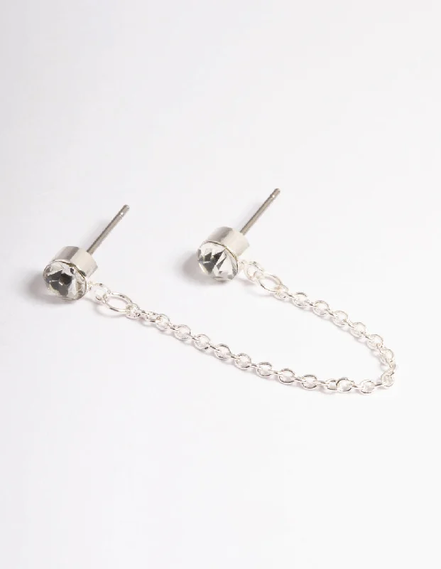 Dainty Gold Earrings-Silver Double Diamante Chain Earrings