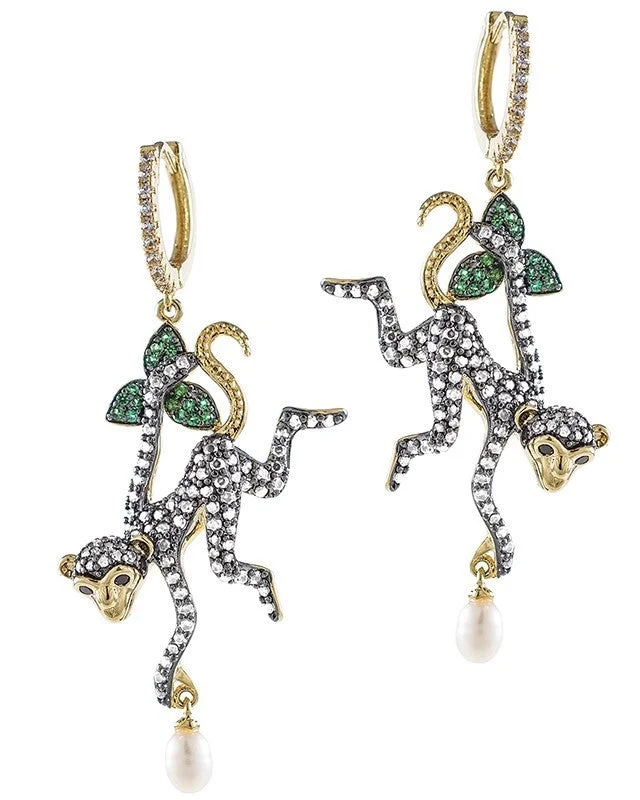 Fun Statement Earrings-Monkey with Dangling Pearl