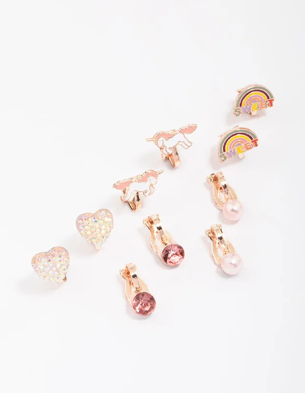 Fashionable Clip-On Earrings-Kids Rose Gold Unicorn Clip On Earring 5-Pack