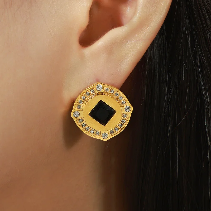 Gold Inlaid Black Zircon Side Earrings