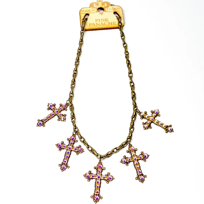 Sterling Silver Pendant Necklace-Pink Panache | Divine Sparkle Bronze Tone Necklace with Cross Charms and AB Crystal Accents