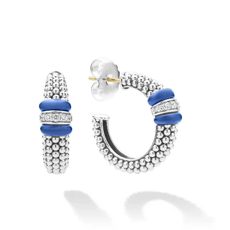 Colored Gemstone Earrings-Blue Caviar Ceramic Caviar Diamond Hoop Earrings