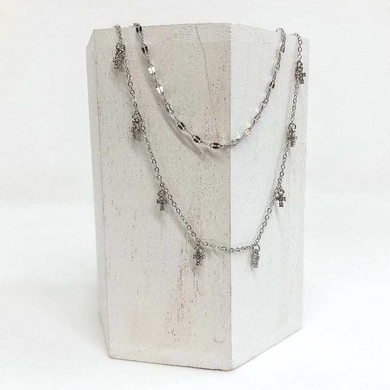 Layered Crystal Heart Necklace-Glimmer of Hope Dainty Cross Necklace in Silver