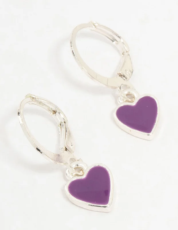 Vintage Style Earrings-Silver Drop Purple Heart Huggie Earrings