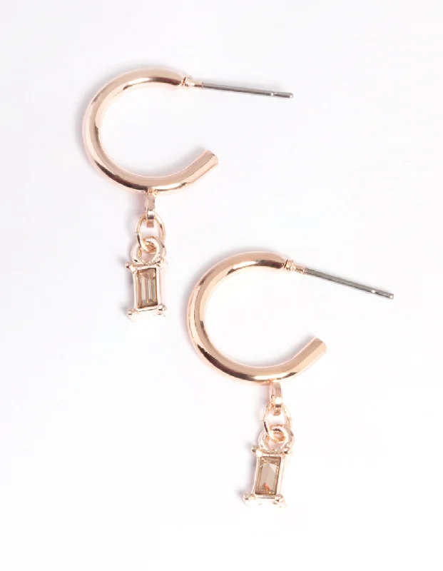 Luxury Pearl Earrings-Rose Gold Stone Drop Huggie Earrings