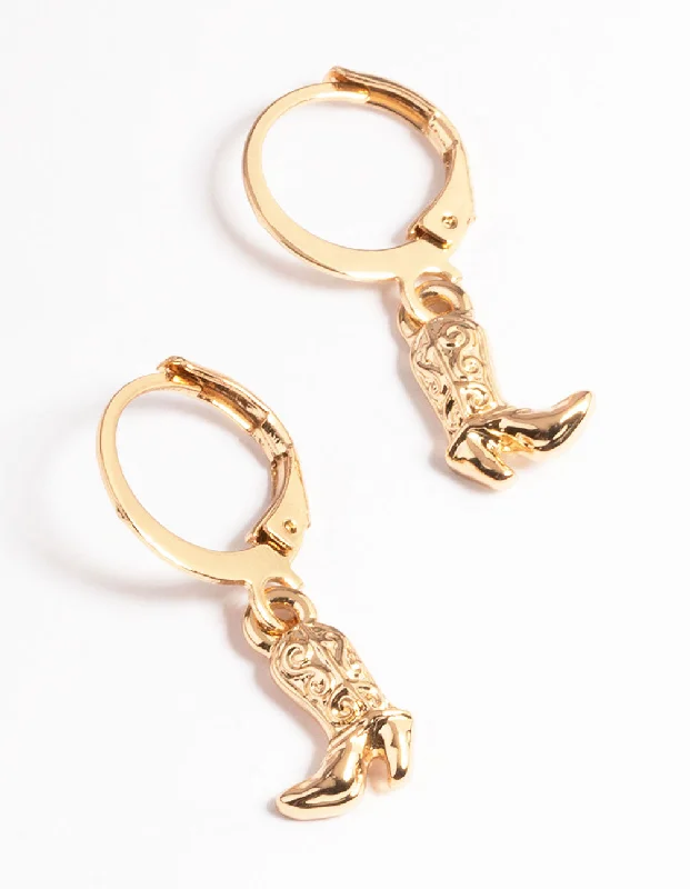 Elegant Hoops with Diamonds-Gold Cowboy Boot Huggie Earrings