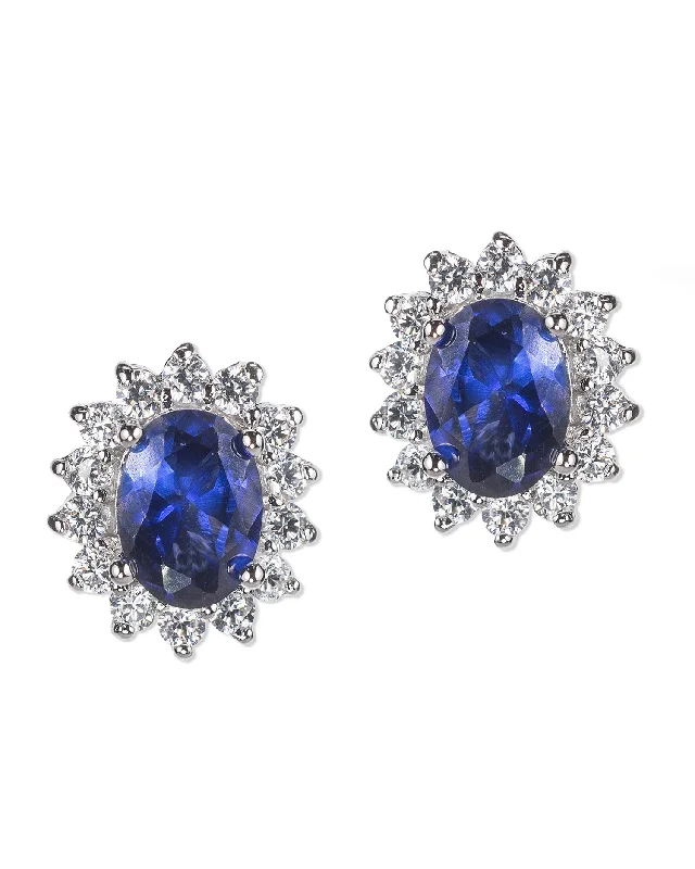 Crystal Dangle Drop Earrings-Sapphire Oval Halo Pierced Earrings