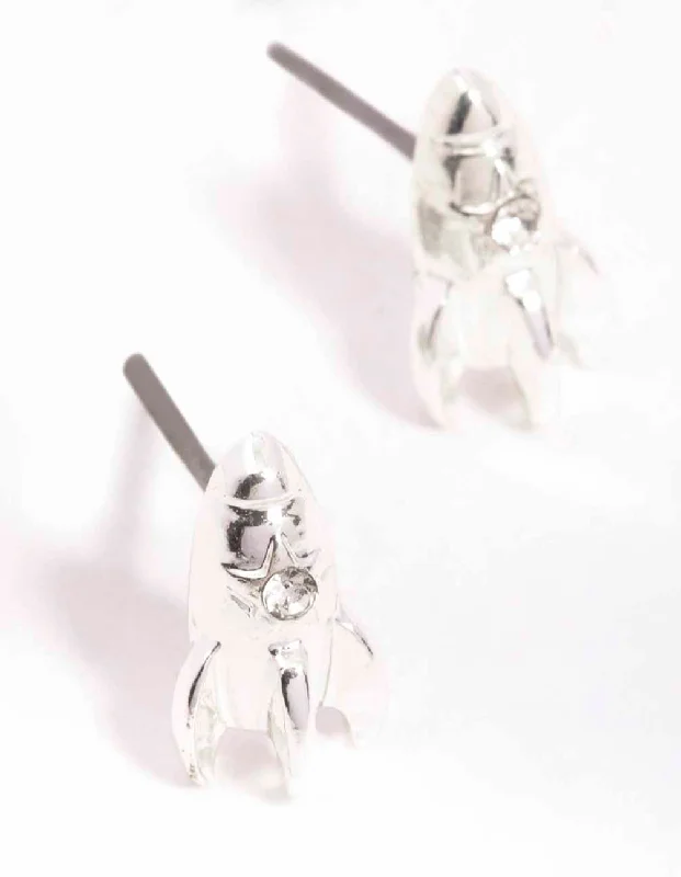 Long Chain Earrings-Silver Rocket Ship Stud Earrings