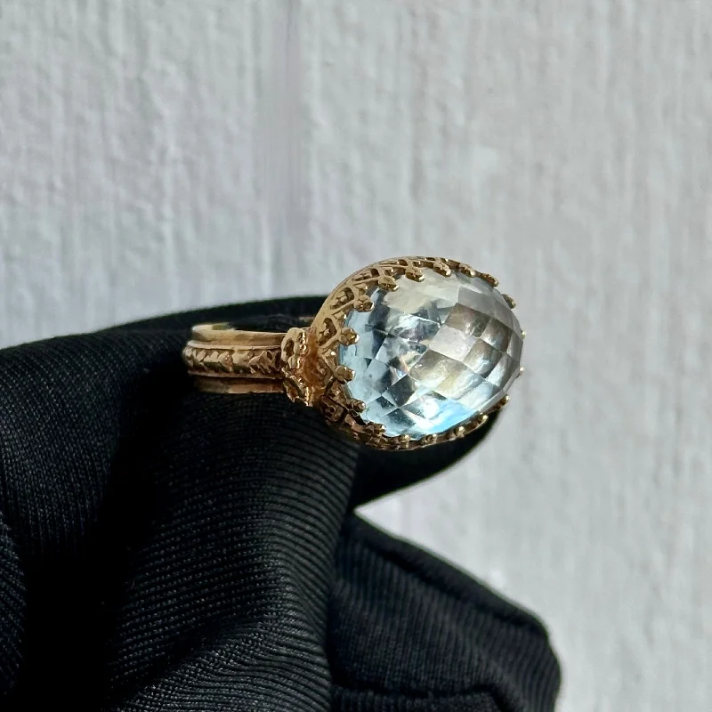 Vintage 14kt Yellow Gold Edwardian-Inspired Blue Topaz Cocktail Ring with Filigree Setting