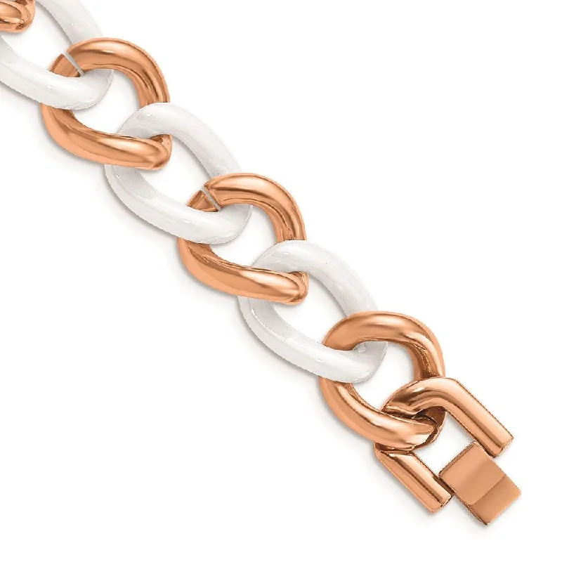 Elegant Chain Bracelet-Stainless Steel Pink IP-plated & White Ceramic 8.25in w/ext Bracelet