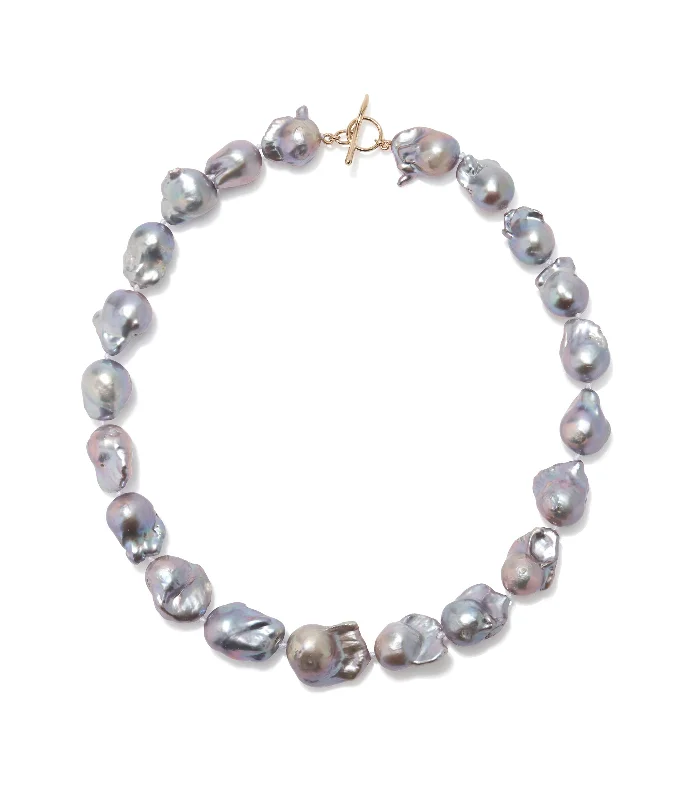 Chunky Necklace for Women-Silvery Gray Baroque Pearl & 14k Gold Necklace