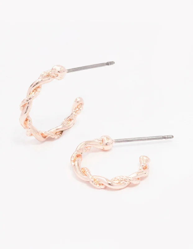 Small Hoop Earrings-Rose Gold Rope Twisted Huggie Earrings