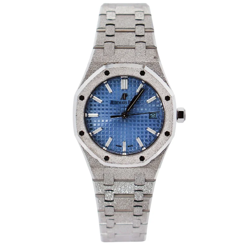 Minimalist Watch for Women-Audemars Piguet Royal Oak 34mm Blue Dial Watch Ref# 77353BC.GG.1263BC.01