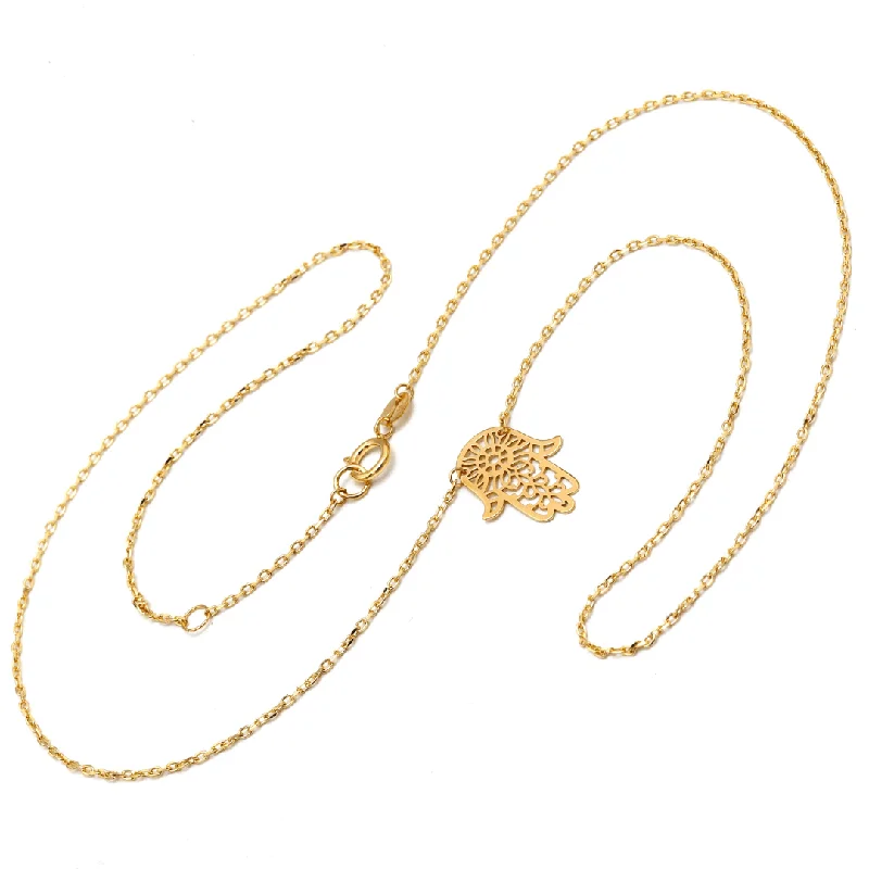 Simple Gold Crystal Necklace-Real Gold Adjustable Necklace with Palm Hand Charm - Model 9775 N1426