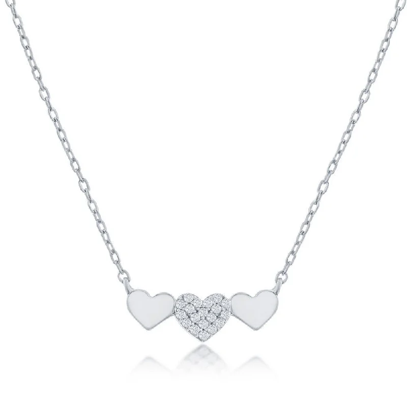 Customizable Gold Necklace-SS Triple Heart CZ Bar Necklace