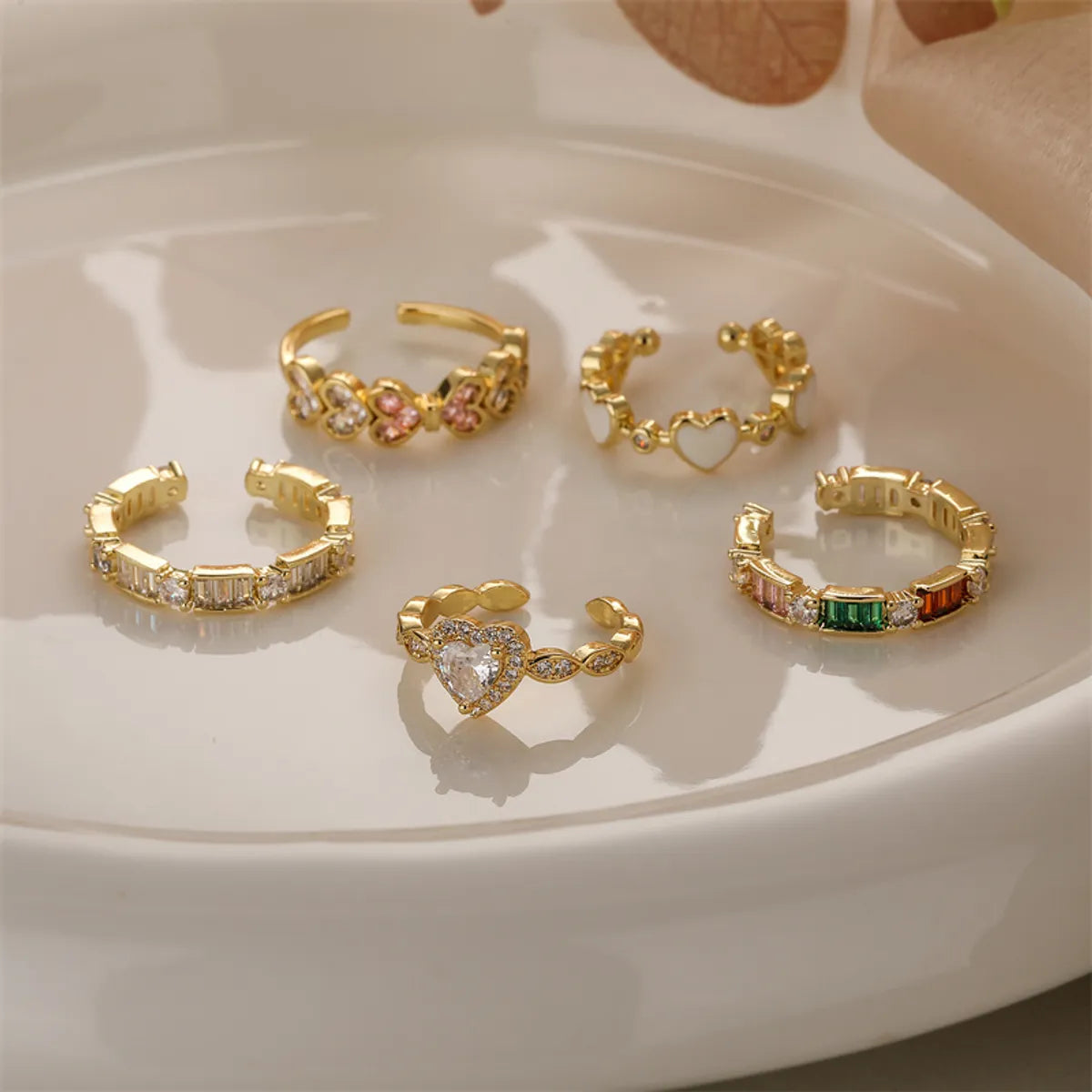 Luxurious Heart Shape Copper Plating Inlay Zircon Gold Plated Open Rings