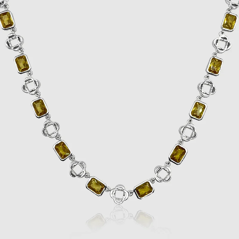 Beaded Gold Necklace-Yellow Gemstone Clover Necklace (Silver)