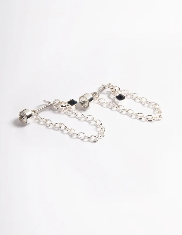 Simple Drop Earrings-Silver Diamante Chain Front & Back Earrings